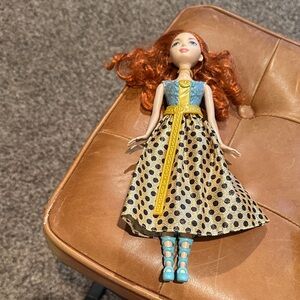 2011 Mattel Doll with Auburn Hair and Blue-Gold Polka Dot Dress 15531